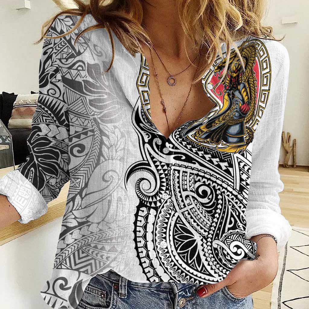 Japanese Samurai Warrior Women Casual Shirt White Polynesian Tattoo Style