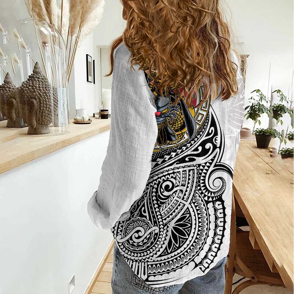 Japanese Samurai Warrior Women Casual Shirt White Polynesian Tattoo Style