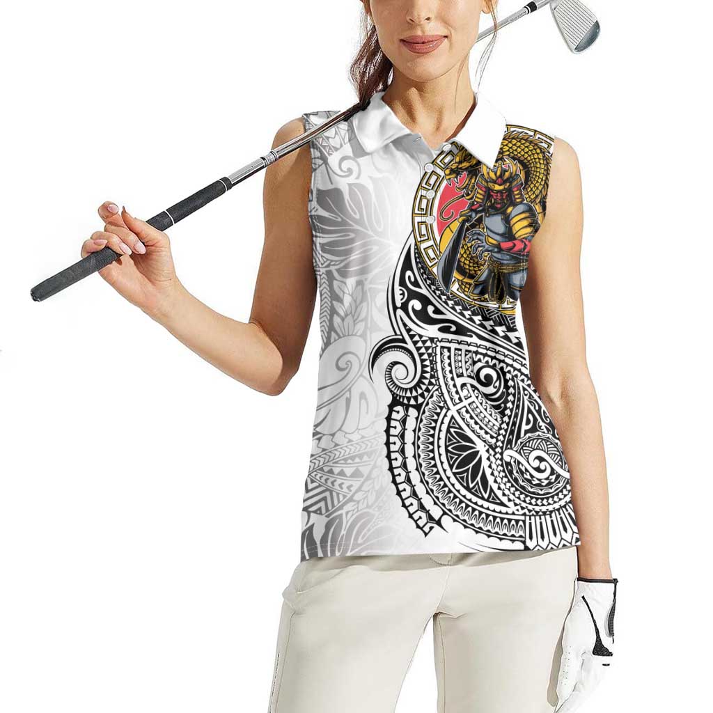 Japanese Samurai Warrior Women Sleeveless Polo Shirt White Polynesian Tattoo Style LT9 - Polynesian Pride