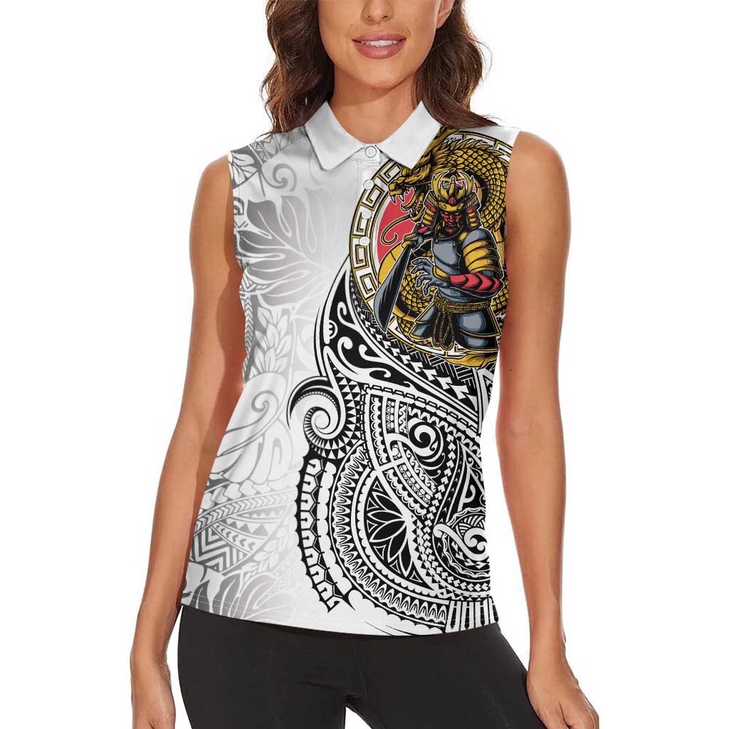 Japanese Samurai Warrior Women Sleeveless Polo Shirt White Polynesian Tattoo Style LT9 - Polynesian Pride