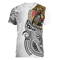 Japanese Samurai Warrior Women V-Neck T-Shirt White Polynesian Tattoo Style LT9 Female White - Polynesian Pride