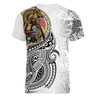 Japanese Samurai Warrior Women V-Neck T-Shirt White Polynesian Tattoo Style LT9 - Polynesian Pride