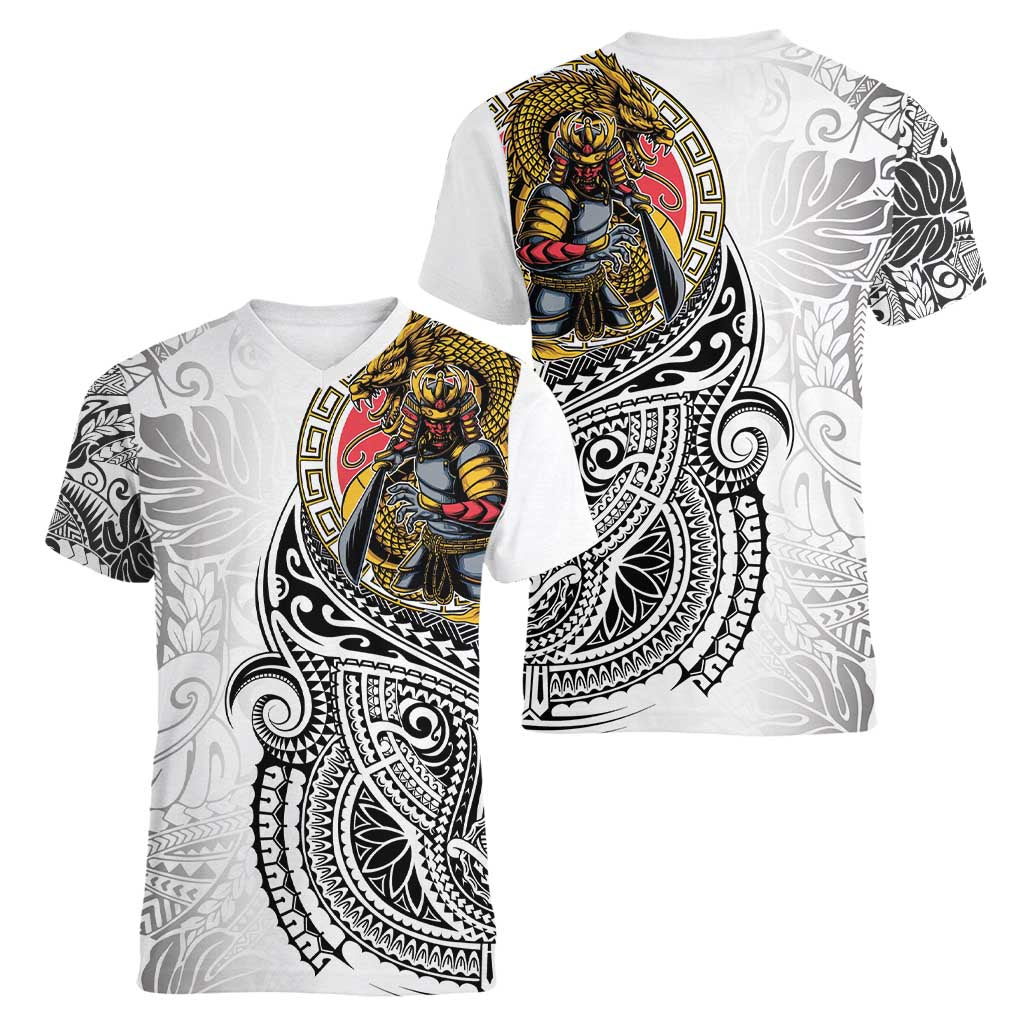 Japanese Samurai Warrior Women V-Neck T-Shirt White Polynesian Tattoo Style LT9 - Polynesian Pride