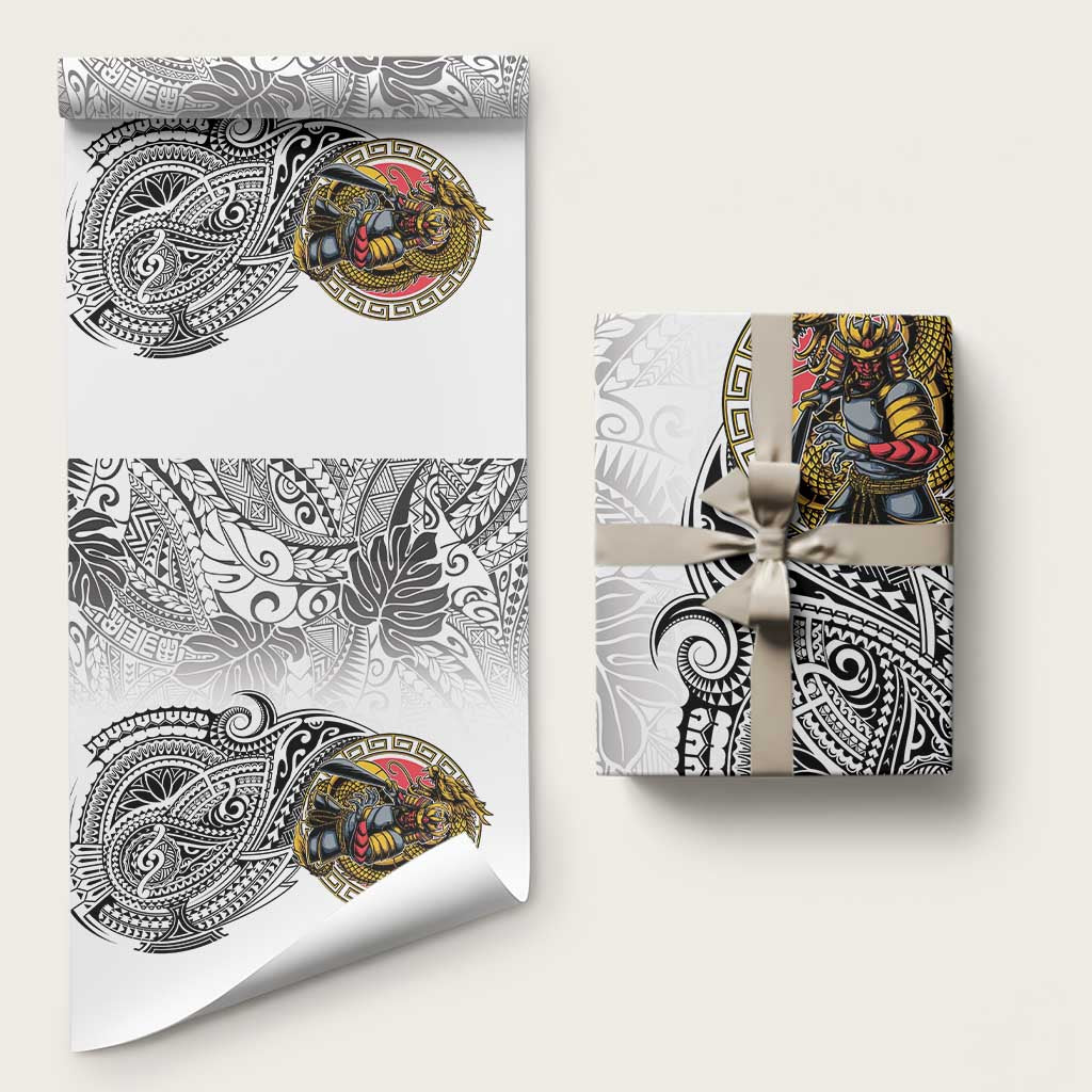 Japanese Samurai Warrior Wrapping Paper White Polynesian Tattoo Style - Polynesian Pride