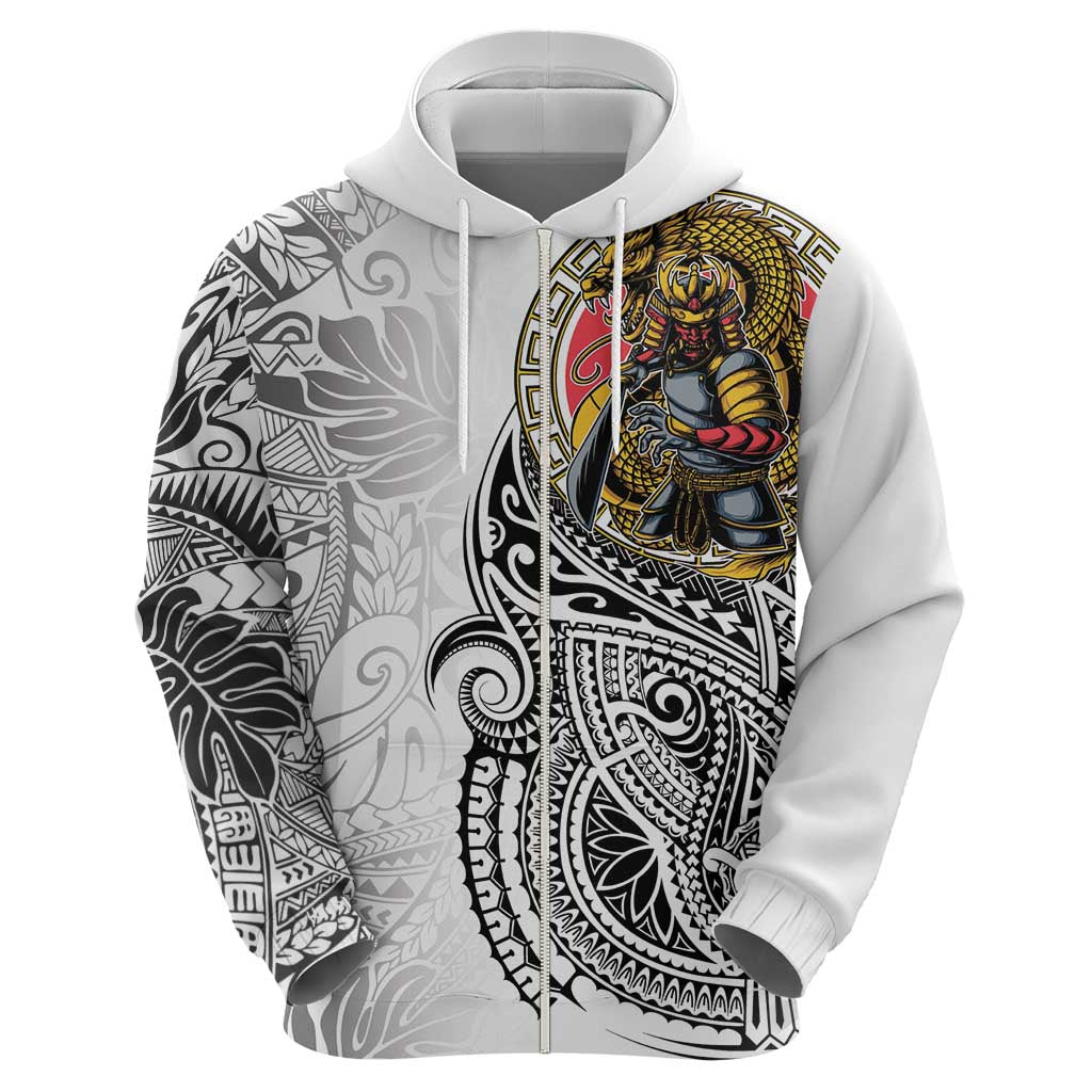 Japanese Samurai Warrior Zip Hoodie White Polynesian Tattoo Style