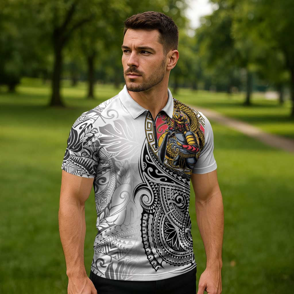 Japanese Samurai Warrior Zipper Polo Shirt White Polynesian Tattoo Style - Polynesian Pride