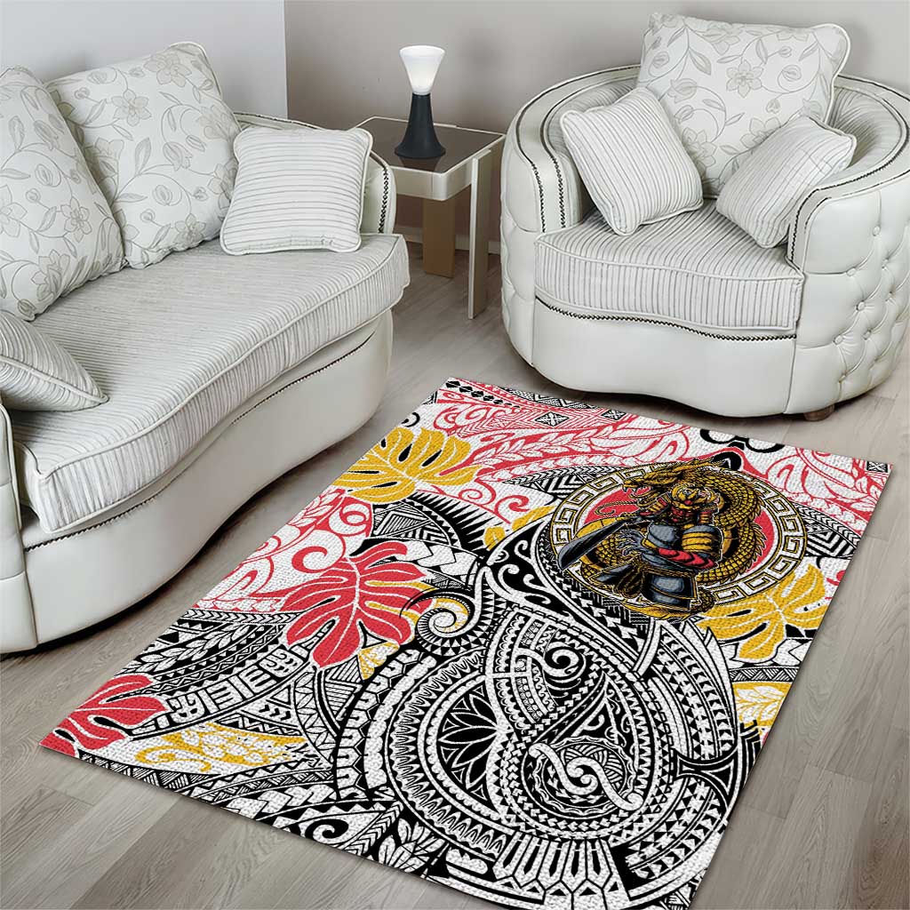 Japanese Samurai Warrior Area Rug Colorful Polynesian Tattoo Style