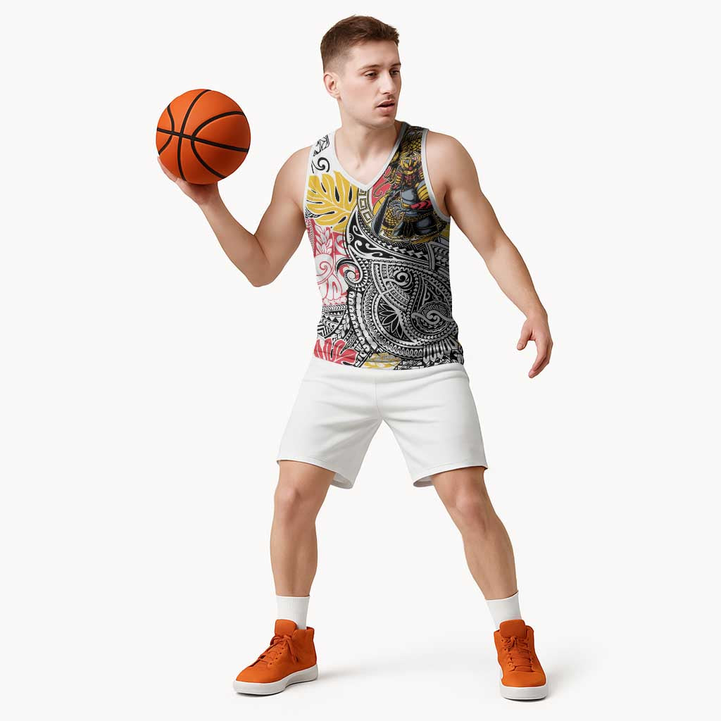 Japanese Samurai Warrior Basketball Jersey Colorful Polynesian Tattoo Style - Polynesian Pride