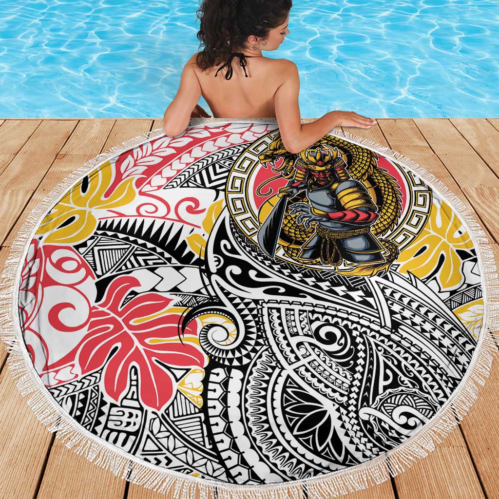 Japanese Samurai Warrior Beach Blanket Colorful Polynesian Tattoo Style