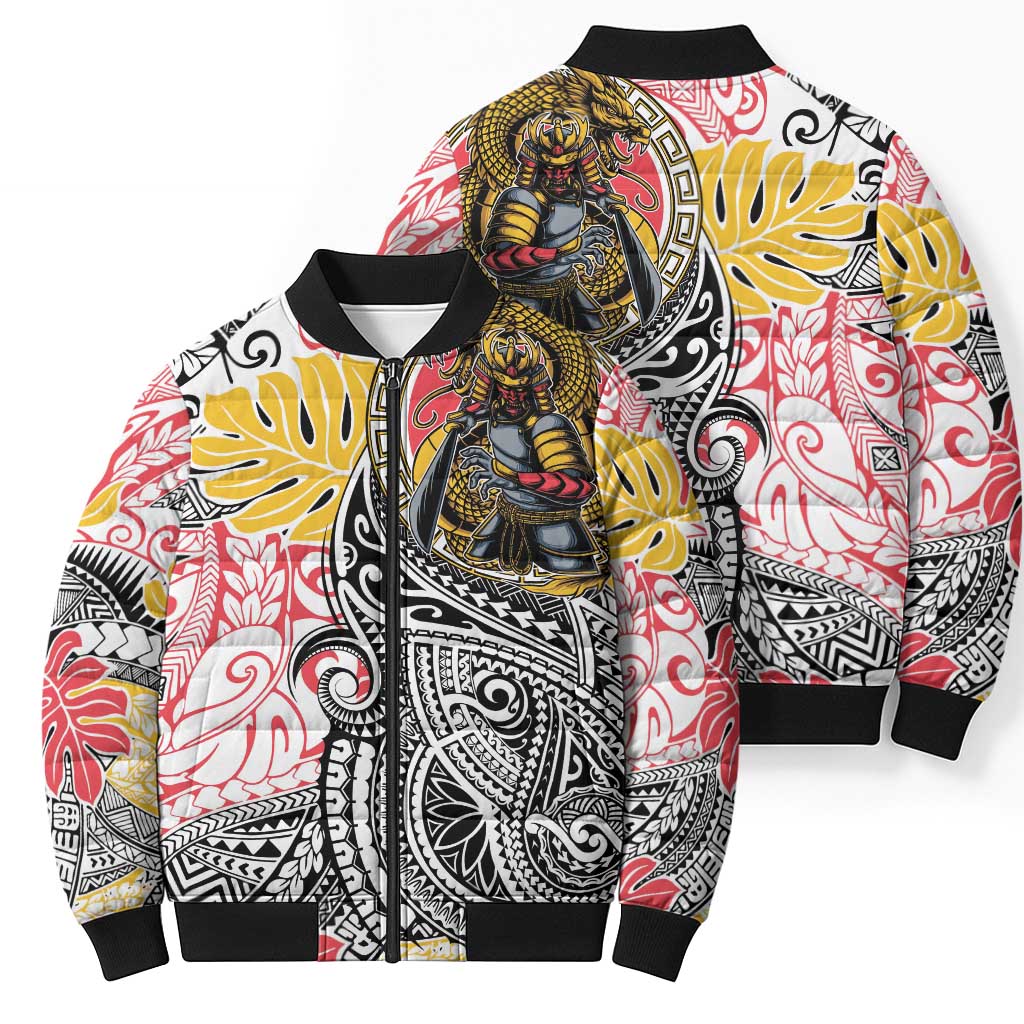 Japanese Samurai Warrior Bomber Puffer Jacket Colorful Polynesian Tattoo Style - Polynesian Pride
