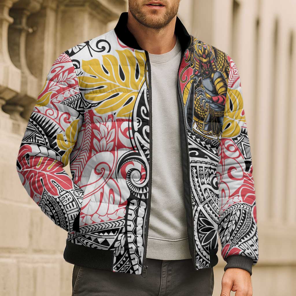 Japanese Samurai Warrior Bomber Puffer Jacket Colorful Polynesian Tattoo Style - Polynesian Pride