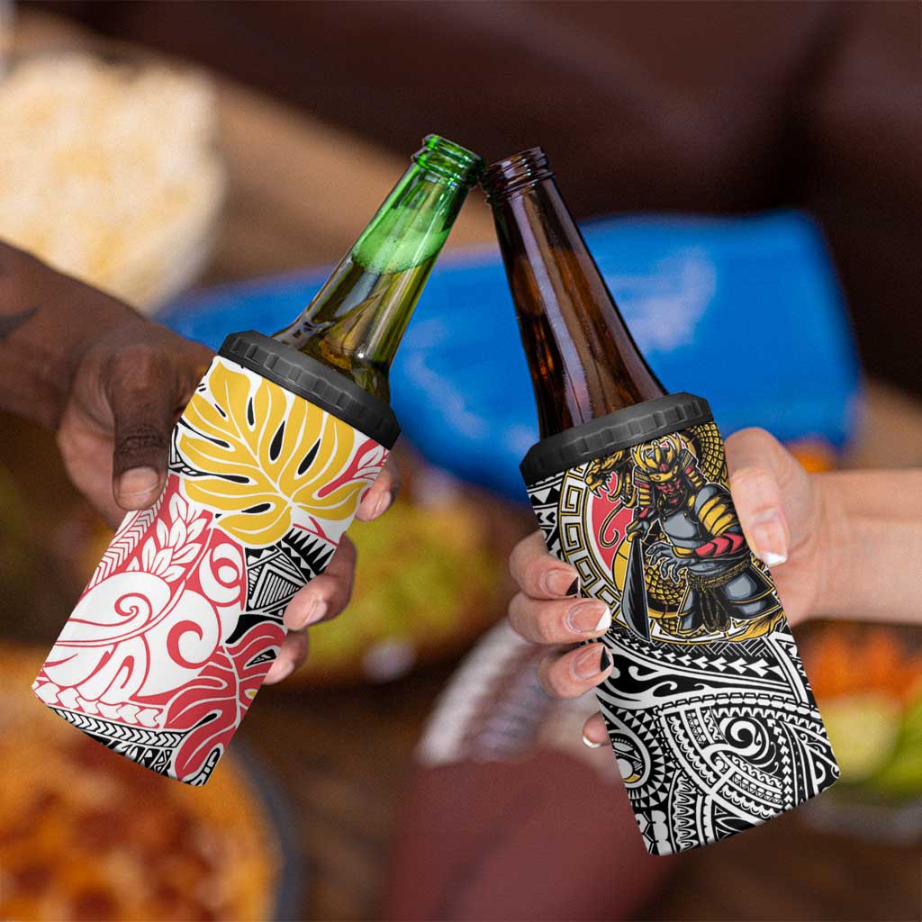 Japanese Samurai Warrior 4 in 1 Can Cooler Tumbler Colorful Polynesian Tattoo Style
