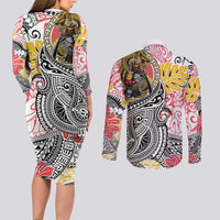 Japanese Samurai Warrior Couples Matching Long Sleeve Bodycon Dress and Long Sleeve Button Shirt Colorful Polynesian Tattoo Style