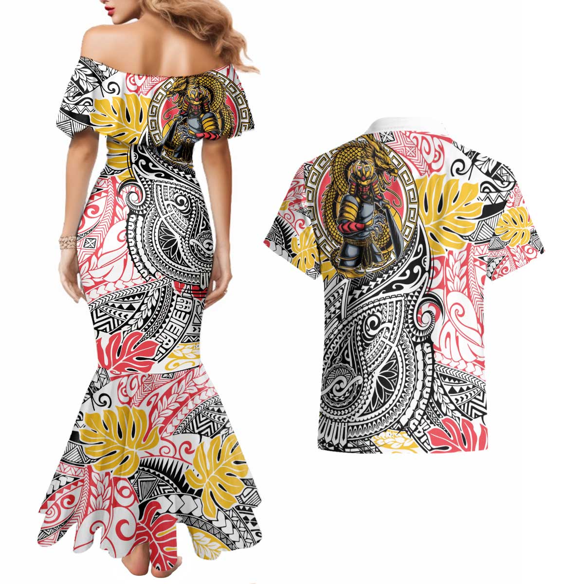 Japanese Samurai Warrior Couples Matching Mermaid Dress and Hawaiian Shirt Colorful Polynesian Tattoo Style LT9 - Polynesian Pride