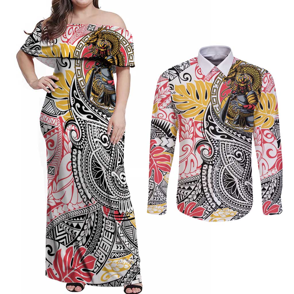 Japanese Samurai Warrior Couples Matching Off Shoulder Maxi Dress and Long Sleeve Button Shirt Colorful Polynesian Tattoo Style