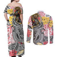 Japanese Samurai Warrior Couples Matching Off Shoulder Maxi Dress and Long Sleeve Button Shirt Colorful Polynesian Tattoo Style