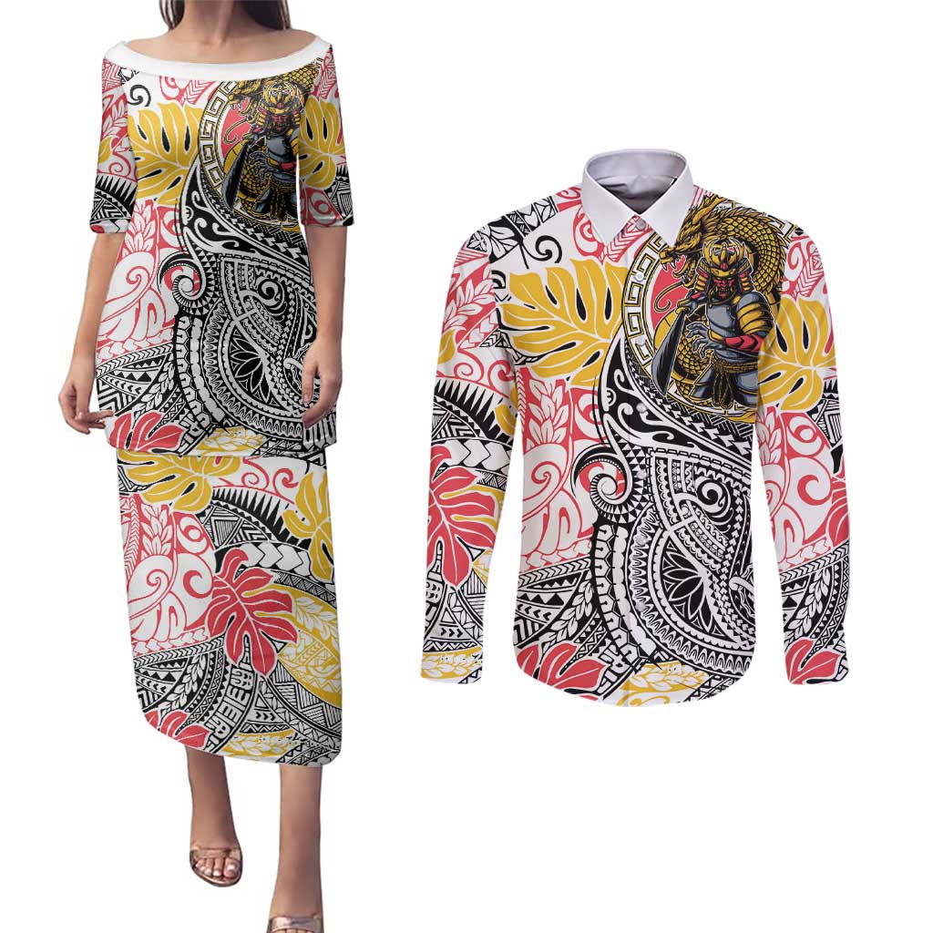 Japanese Samurai Warrior Couples Matching Puletasi and Long Sleeve Button Shirt Colorful Polynesian Tattoo Style