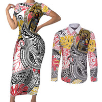 Japanese Samurai Warrior Couples Matching Short Sleeve Bodycon Dress and Long Sleeve Button Shirt Colorful Polynesian Tattoo Style
