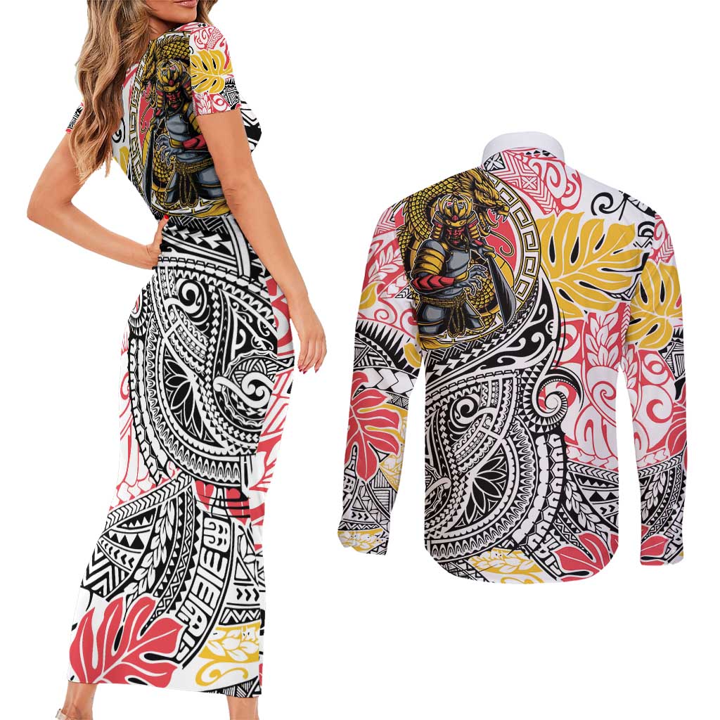Japanese Samurai Warrior Couples Matching Short Sleeve Bodycon Dress and Long Sleeve Button Shirt Colorful Polynesian Tattoo Style