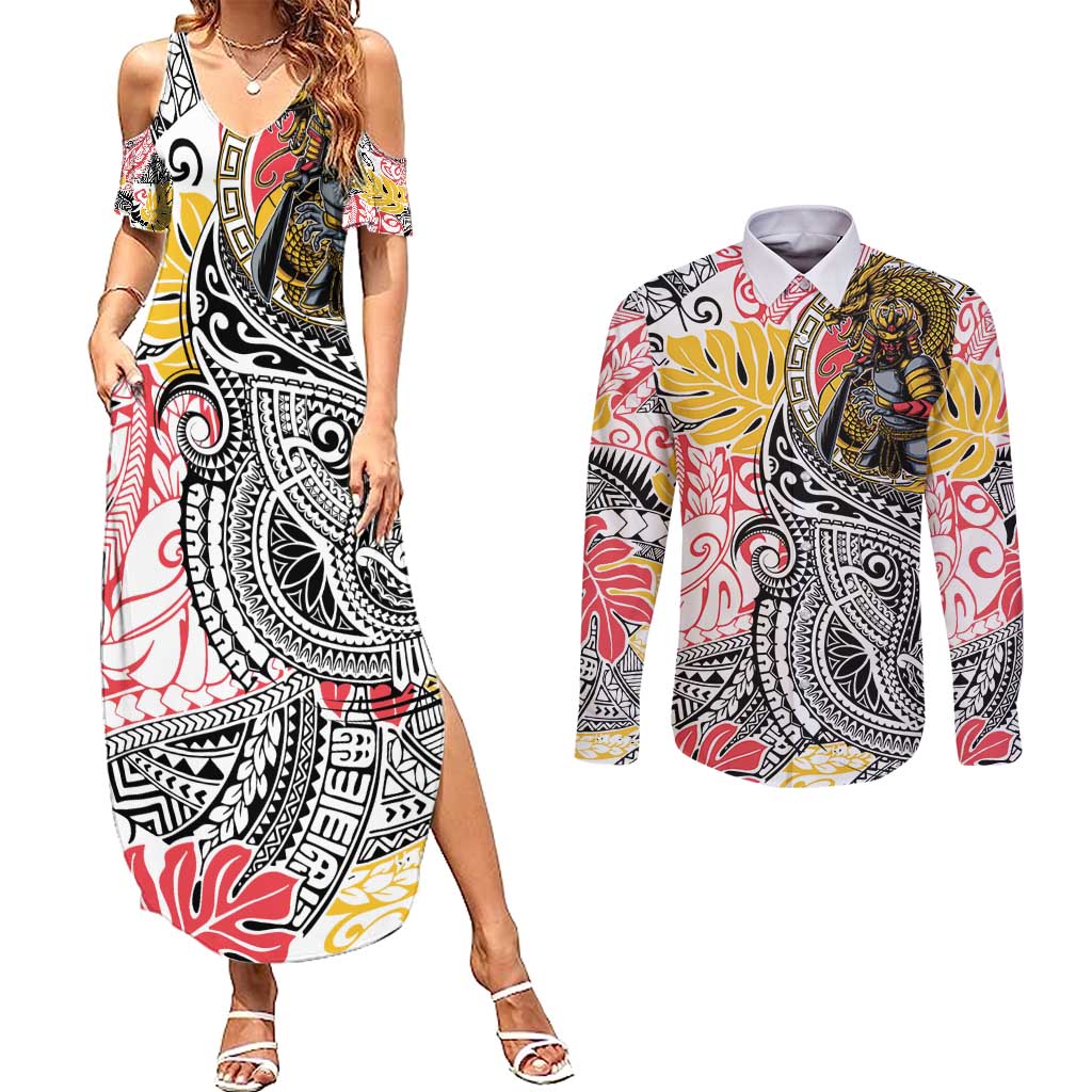 Japanese Samurai Warrior Couples Matching Summer Maxi Dress and Long Sleeve Button Shirt Colorful Polynesian Tattoo Style
