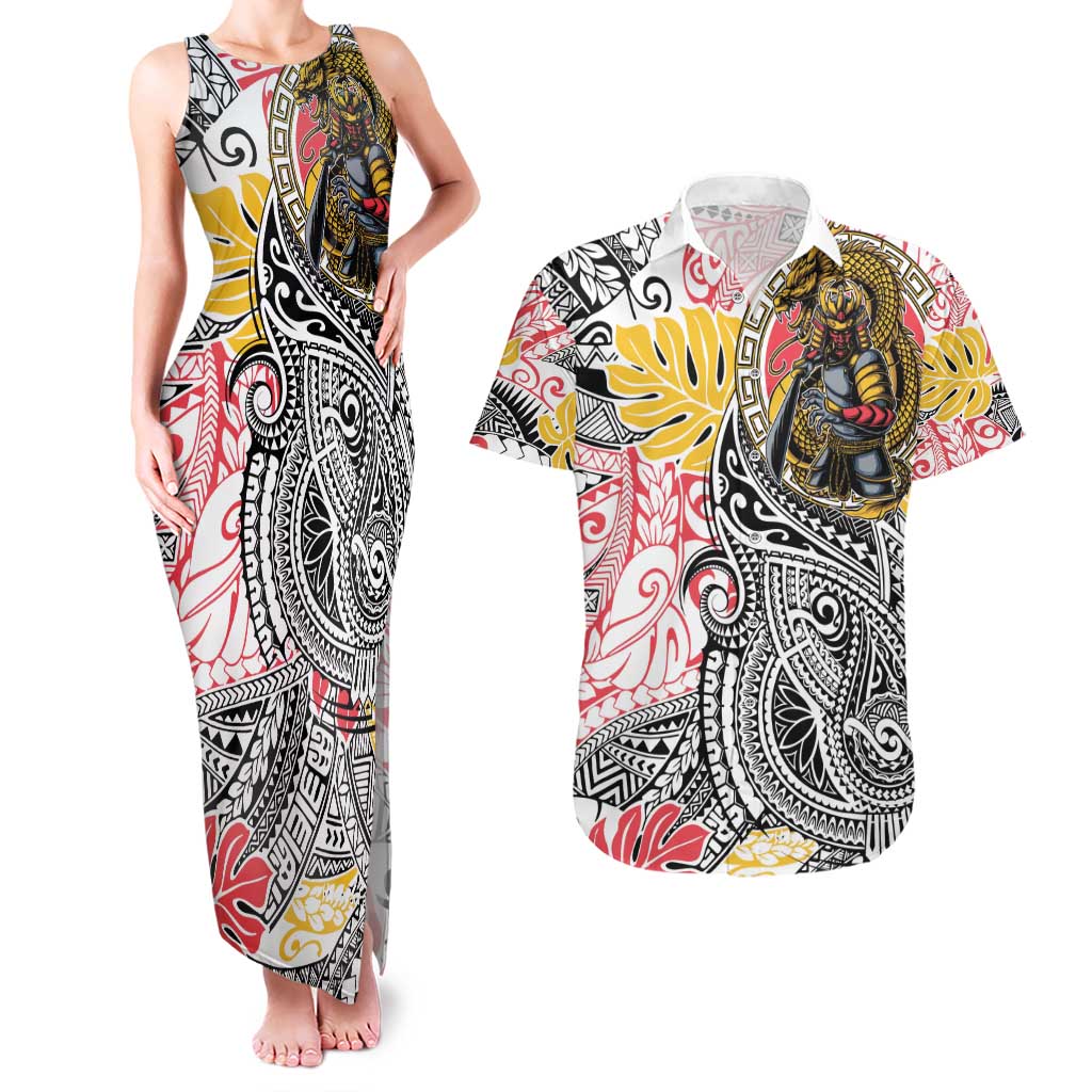 Japanese Samurai Warrior Couples Matching Tank Maxi Dress and Hawaiian Shirt Colorful Polynesian Tattoo Style