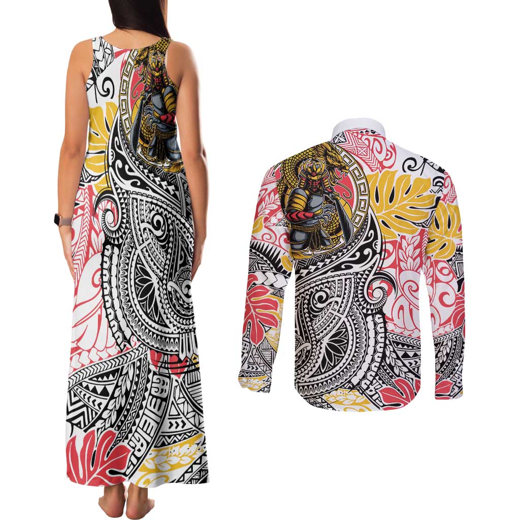 Japanese Samurai Warrior Couples Matching Tank Maxi Dress and Long Sleeve Button Shirt Colorful Polynesian Tattoo Style