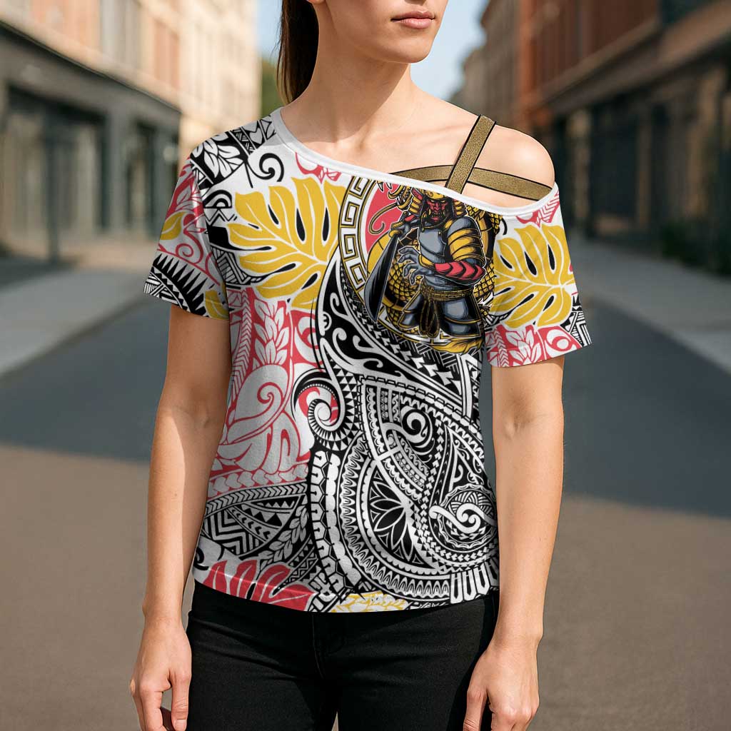 Japanese Samurai Warrior Cross Shoulder Shirt Colorful Polynesian Tattoo Style - Polynesian Pride