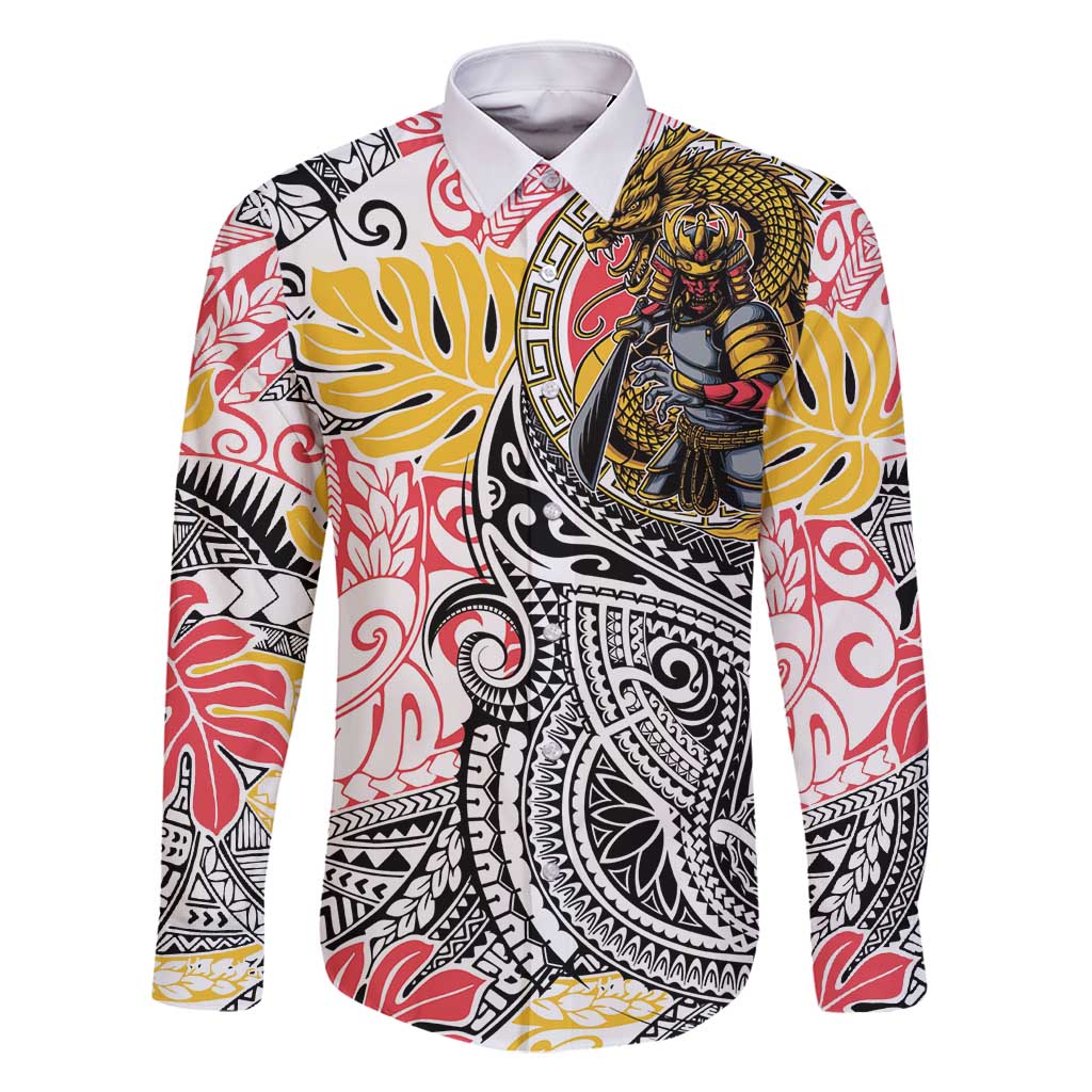 Japanese Samurai Warrior Family Matching Long Sleeve Bodycon Dress and Hawaiian Shirt Colorful Polynesian Tattoo Style
