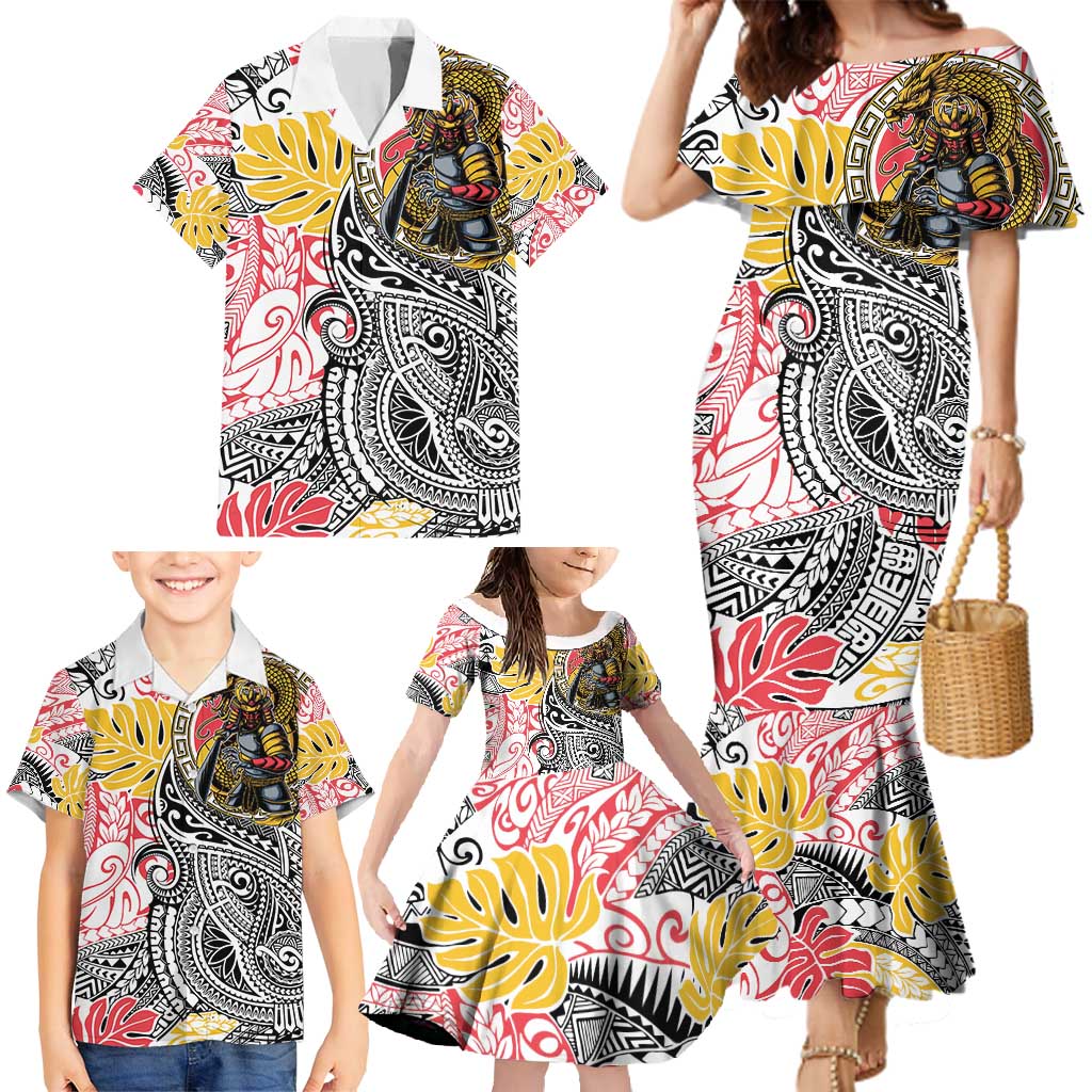 Japanese Samurai Warrior Family Matching Mermaid Dress and Hawaiian Shirt Colorful Polynesian Tattoo Style