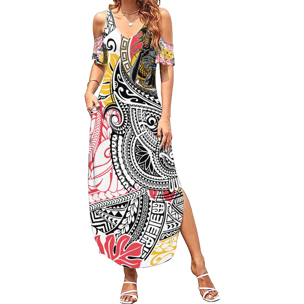 Japanese Samurai Warrior Family Matching Summer Maxi Dress and Hawaiian Shirt Colorful Polynesian Tattoo Style