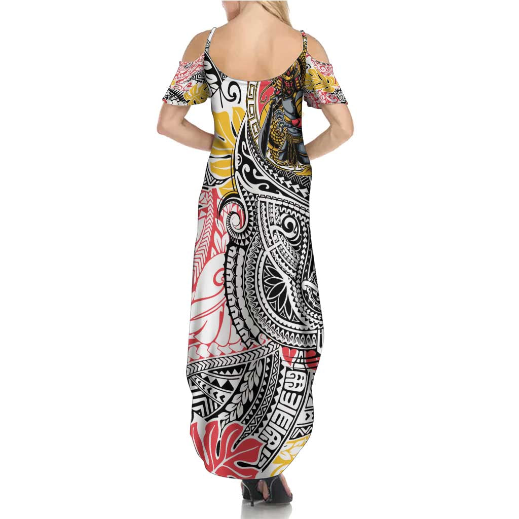 Japanese Samurai Warrior Family Matching Summer Maxi Dress and Hawaiian Shirt Colorful Polynesian Tattoo Style