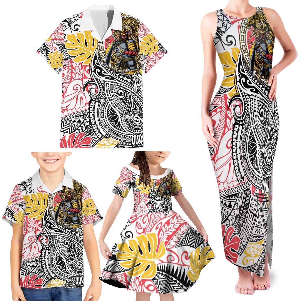 Japanese Samurai Warrior Family Matching Tank Maxi Dress and Hawaiian Shirt Colorful Polynesian Tattoo Style