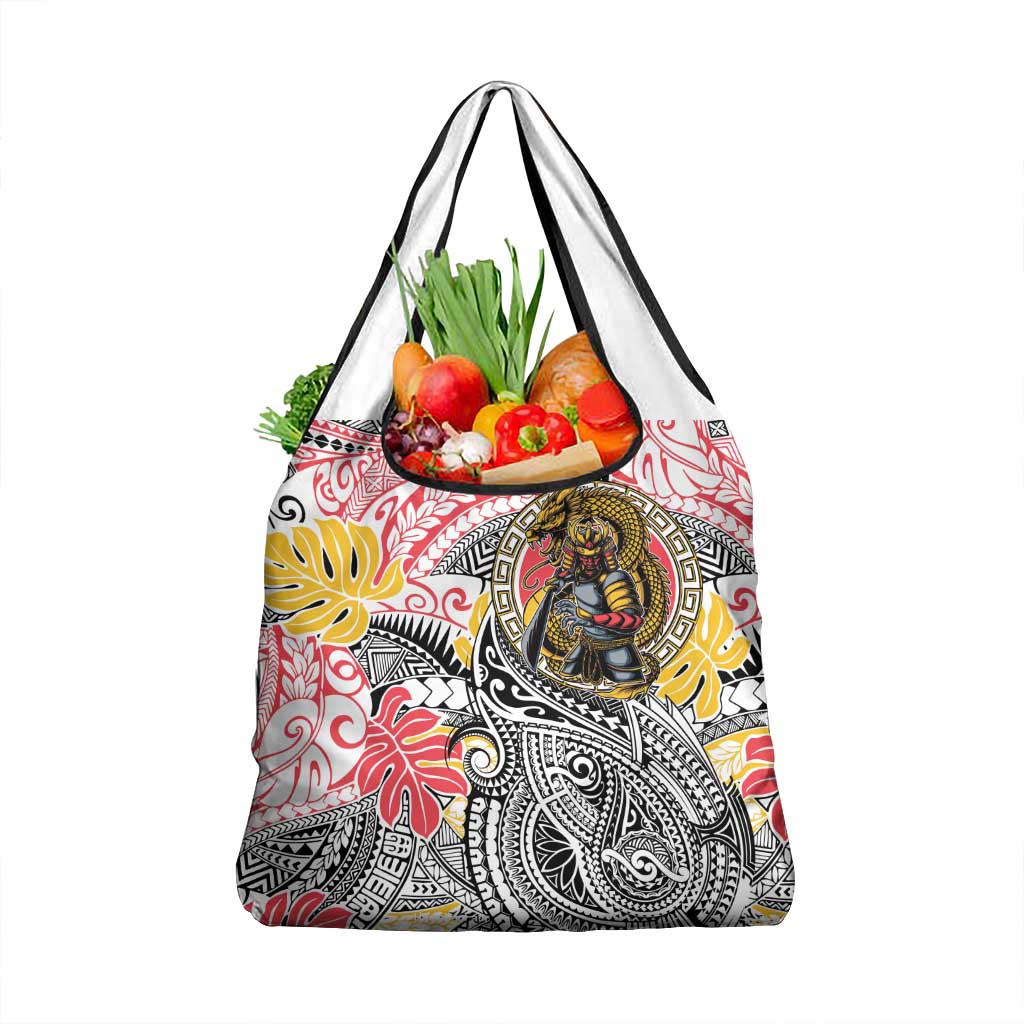 Japanese Samurai Warrior Grocery Bag Colorful Polynesian Tattoo Style