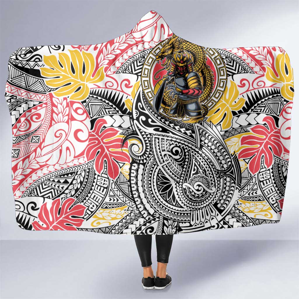 Japanese Samurai Warrior Hooded Blanket Colorful Polynesian Tattoo Style LT9 One Size White - Polynesian Pride