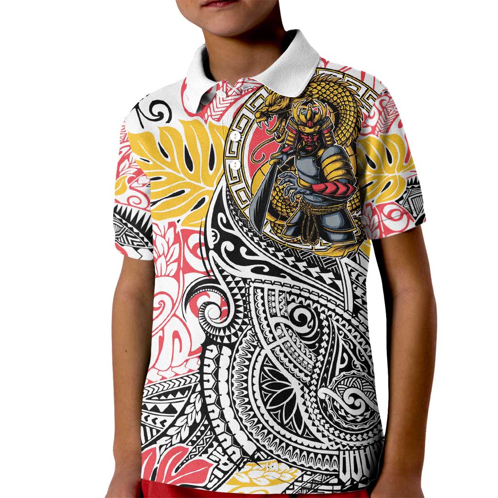 Japanese Samurai Warrior Kid Polo Shirt Colorful Polynesian Tattoo Style LT9 Kid White - Polynesian Pride