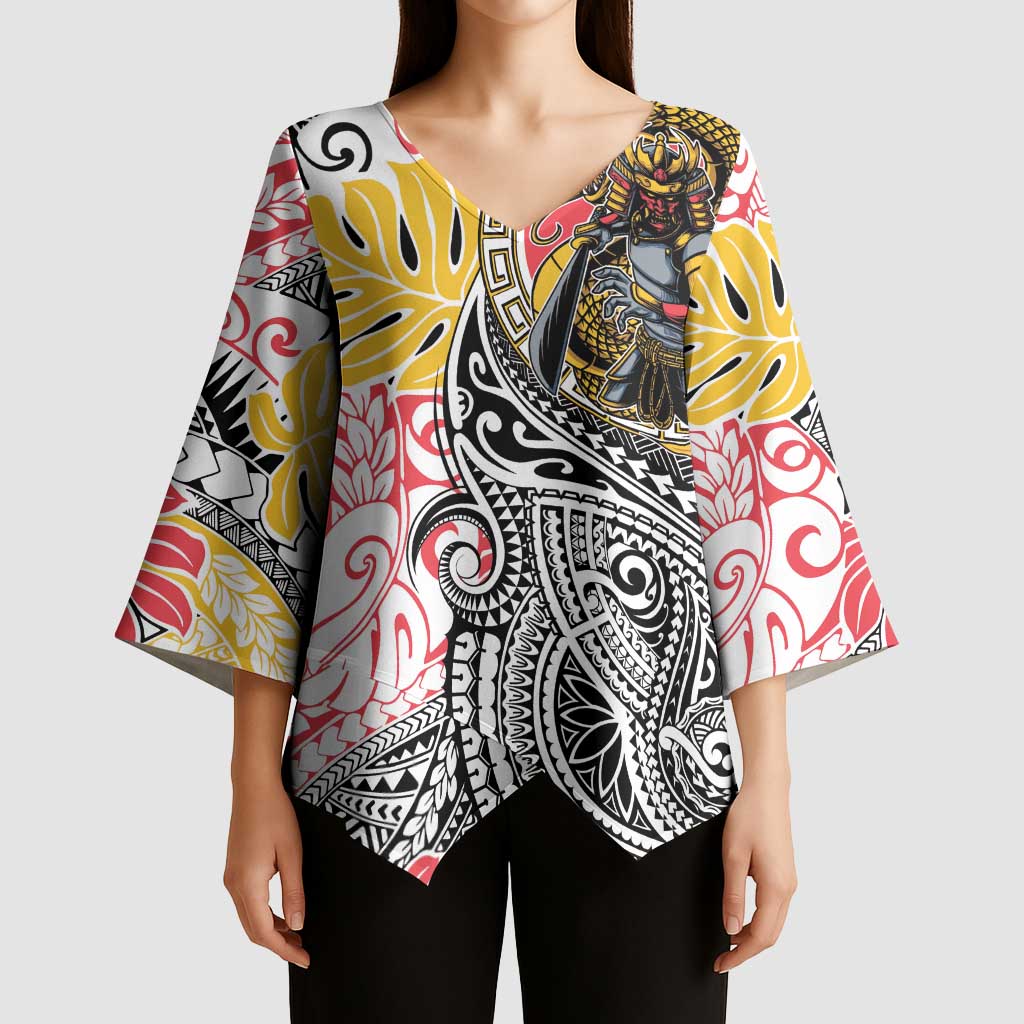 Japanese Samurai Warrior Kimono Sleeve Blouse Colorful Polynesian Tattoo Style - Polynesian Pride