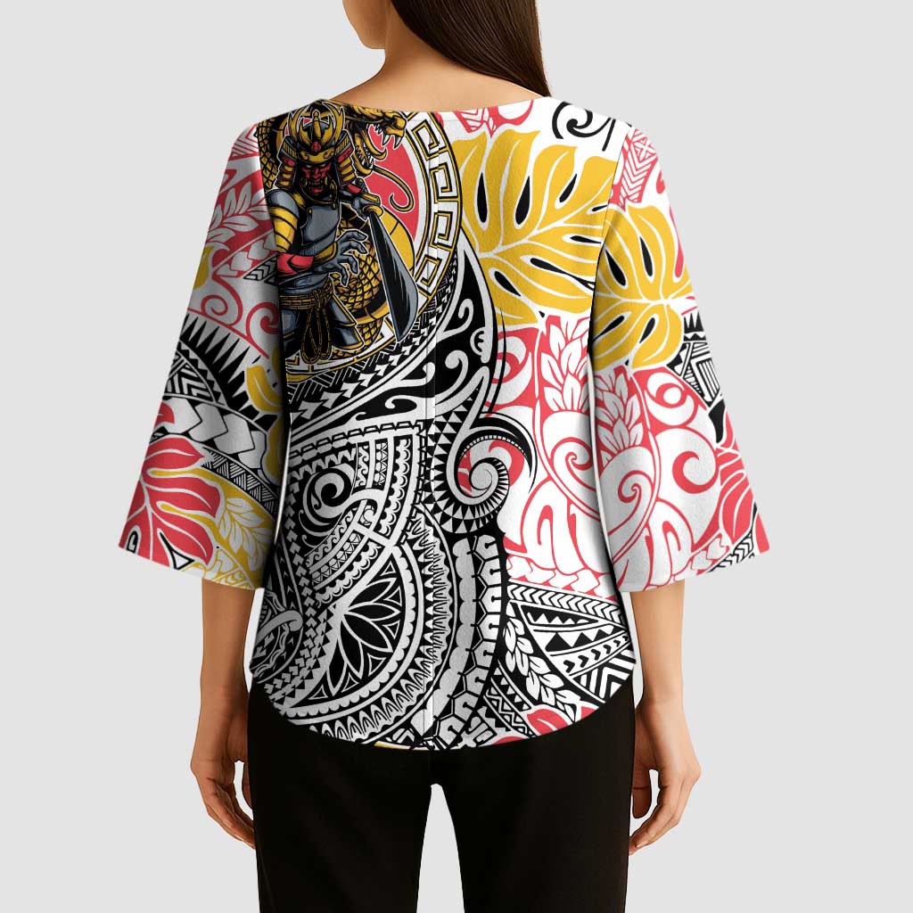 Japanese Samurai Warrior Kimono Sleeve Blouse Colorful Polynesian Tattoo Style - Polynesian Pride