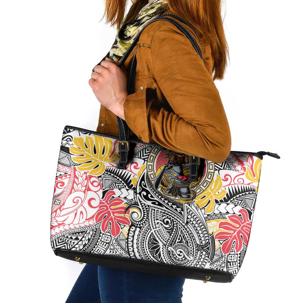 Japanese Samurai Warrior Leather Tote Bag Colorful Polynesian Tattoo Style