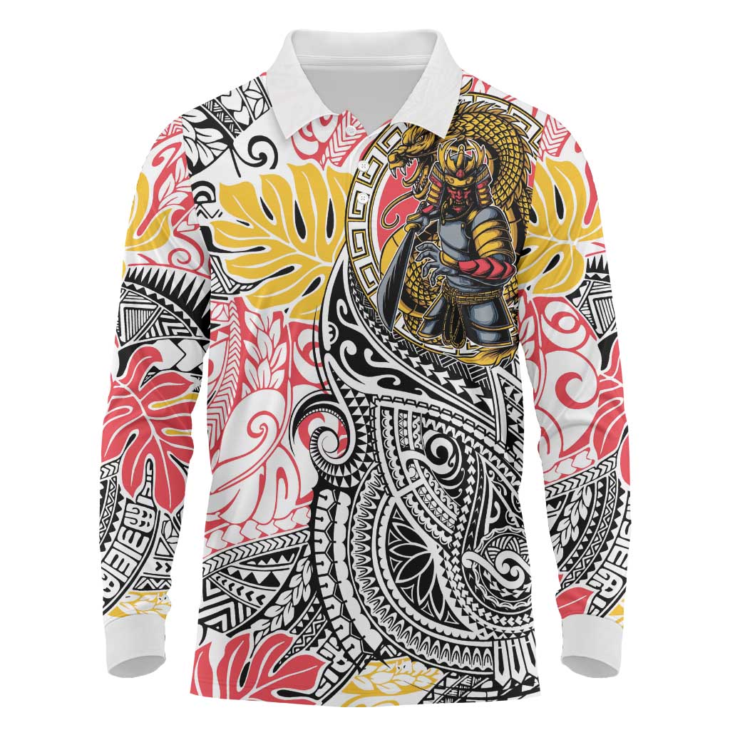 Japanese Samurai Warrior Long Sleeve Polo Shirt Colorful Polynesian Tattoo Style LT9 White - Polynesian Pride