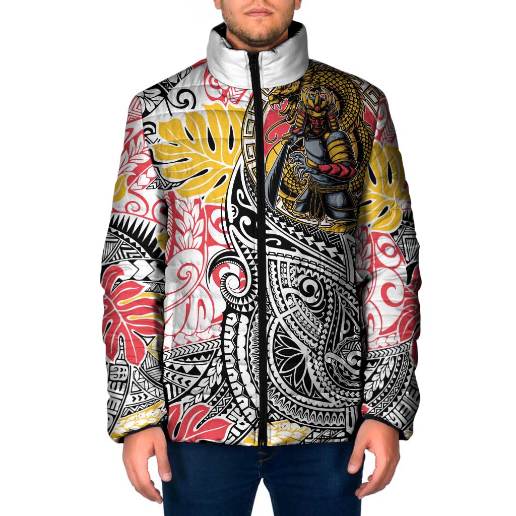 Japanese Samurai Warrior Padded Jacket Colorful Polynesian Tattoo Style - Polynesian Pride