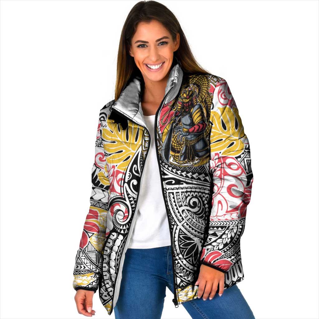 Japanese Samurai Warrior Padded Jacket Colorful Polynesian Tattoo Style - Polynesian Pride