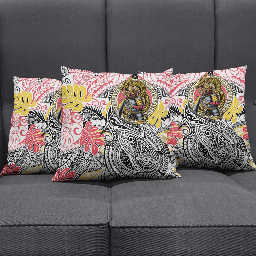 Japanese Samurai Warrior Pillow Cover Colorful Polynesian Tattoo Style - Polynesian Pride