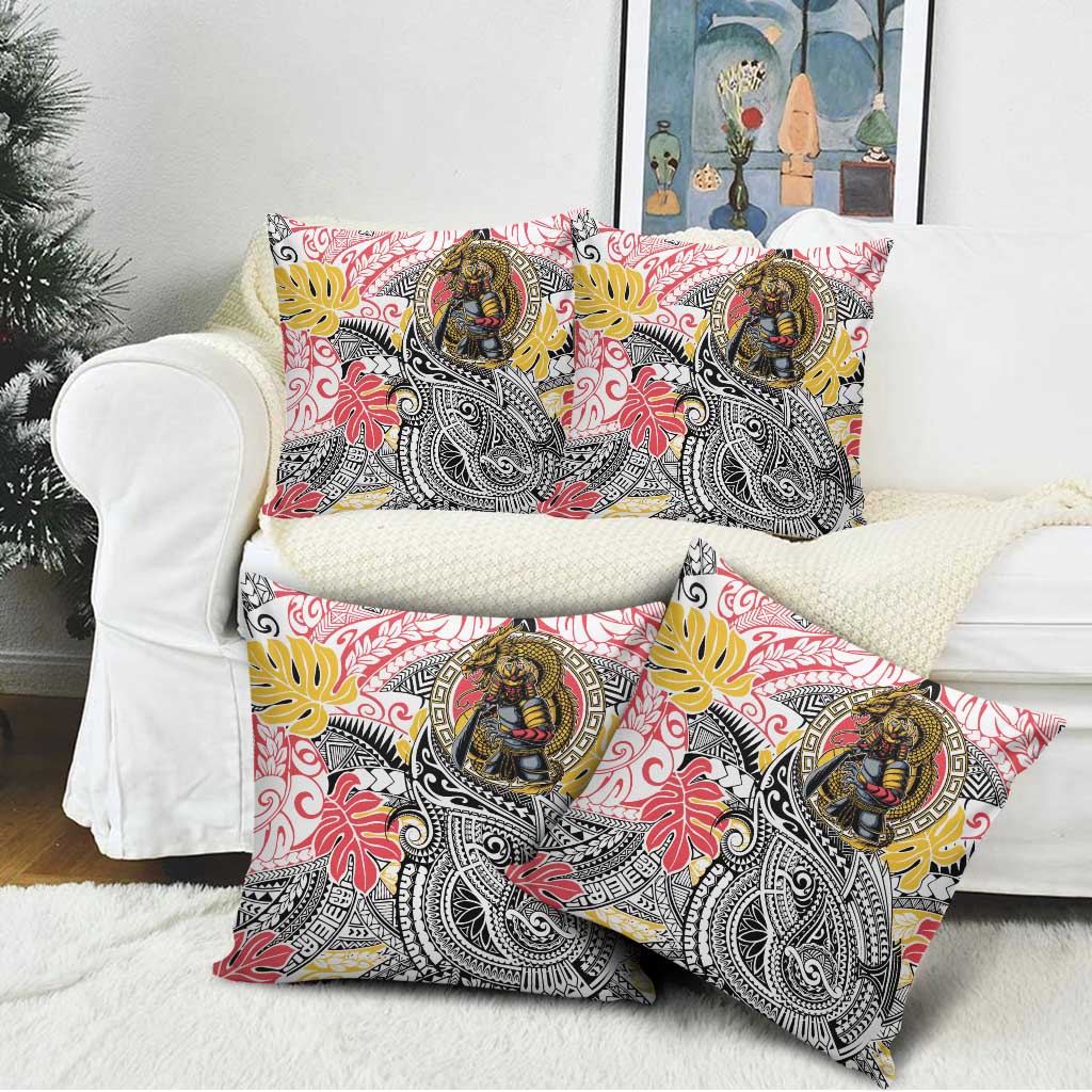 Japanese Samurai Warrior Pillow Cover Colorful Polynesian Tattoo Style - Polynesian Pride