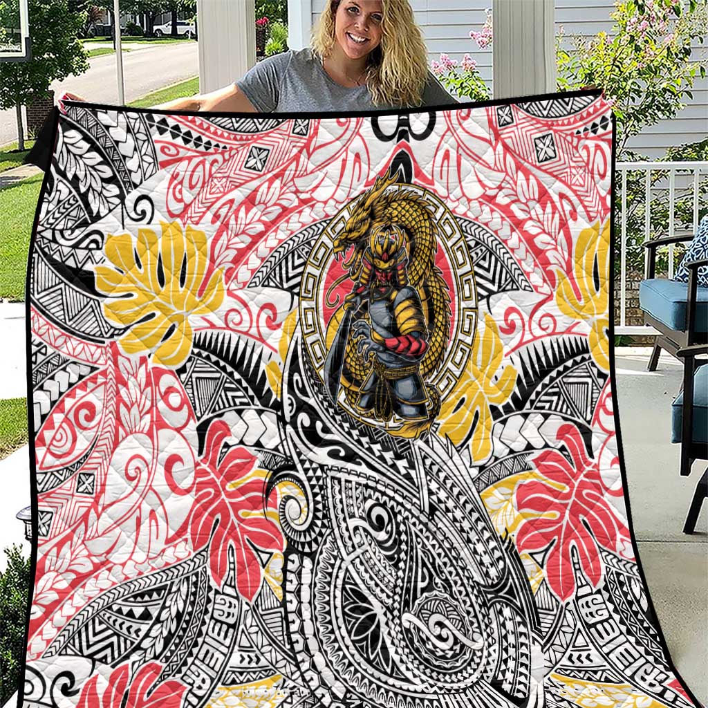 Japanese Samurai Warrior Quilt Colorful Polynesian Tattoo Style