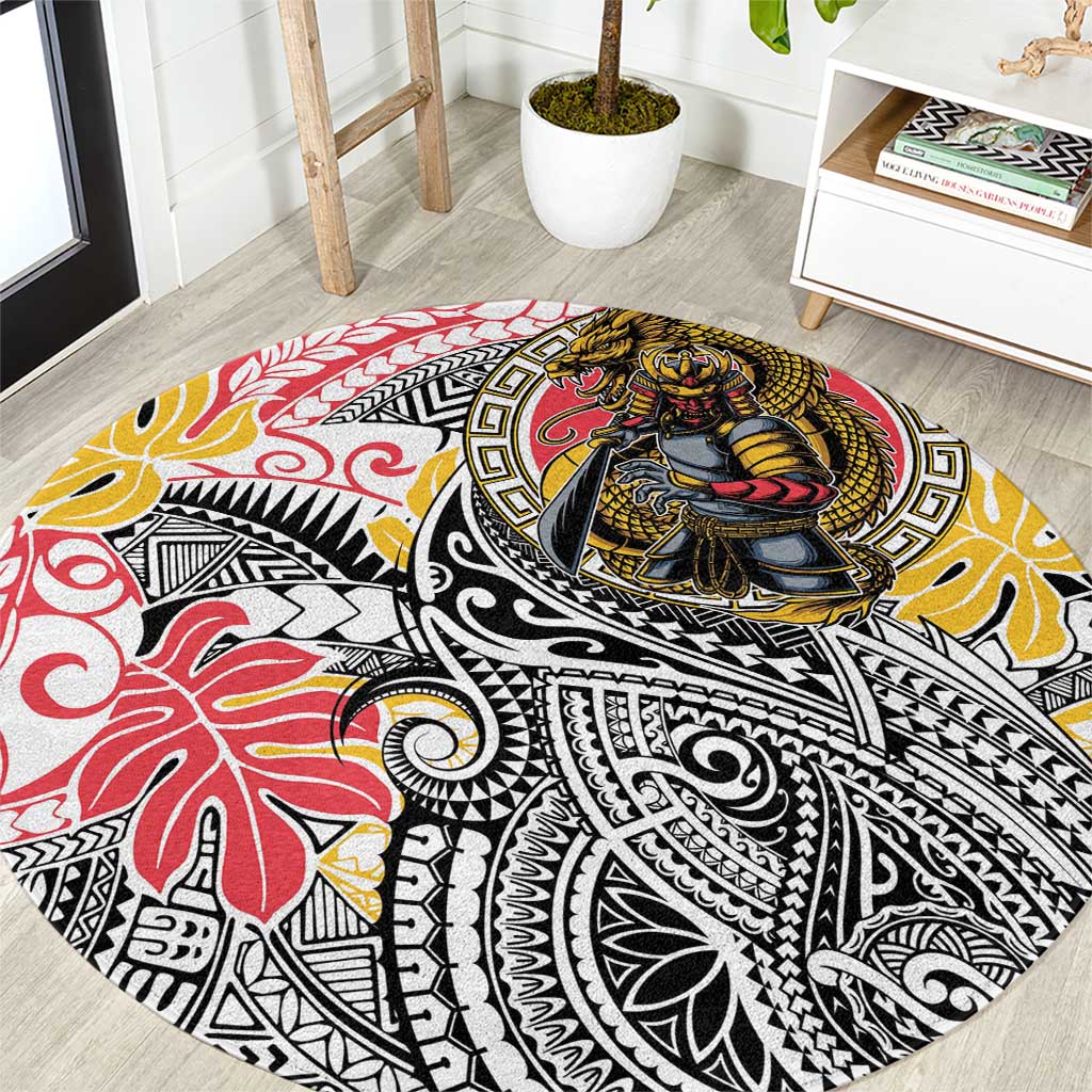 Japanese Samurai Warrior Round Carpet Colorful Polynesian Tattoo Style