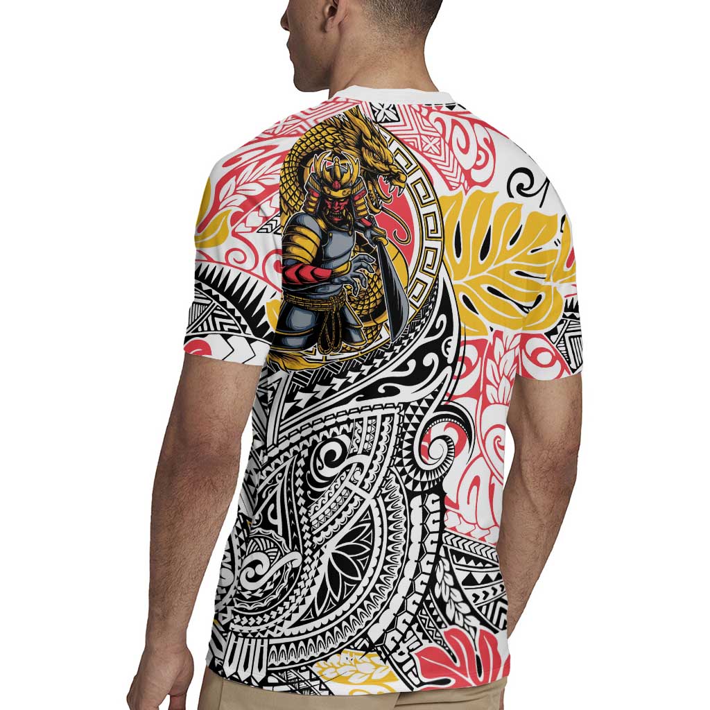 Japanese Samurai Warrior Rugby Jersey Colorful Polynesian Tattoo Style