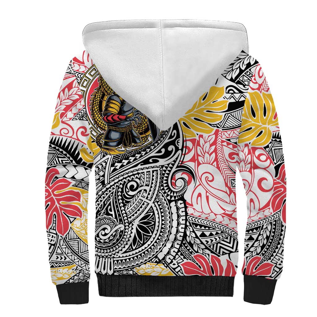 Japanese Samurai Warrior Sherpa Hoodie Colorful Polynesian Tattoo Style