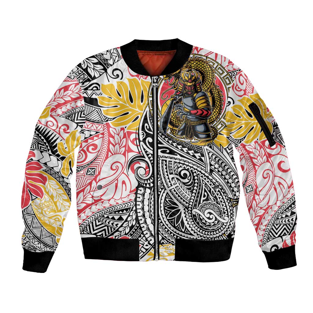 Japanese Samurai Warrior Sleeve Zip Bomber Jacket Colorful Polynesian Tattoo Style