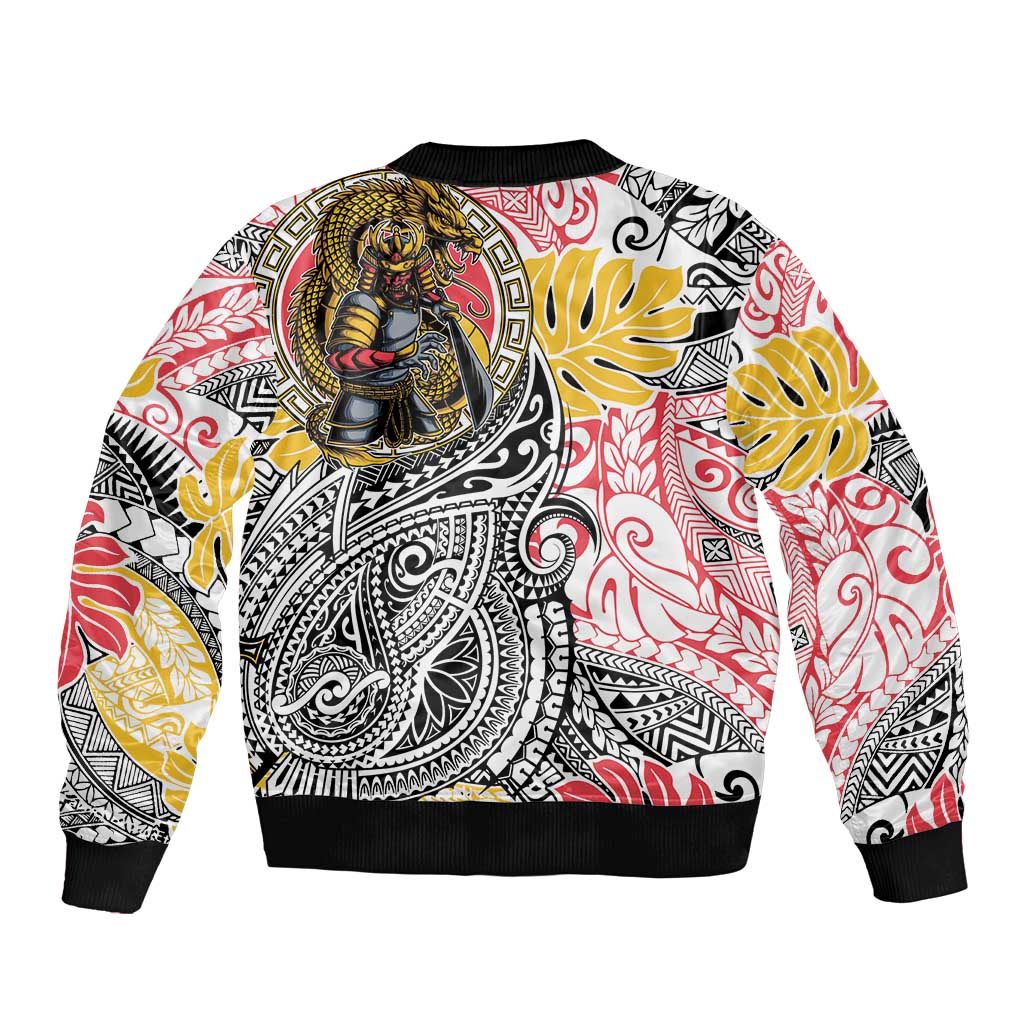 Japanese Samurai Warrior Sleeve Zip Bomber Jacket Colorful Polynesian Tattoo Style