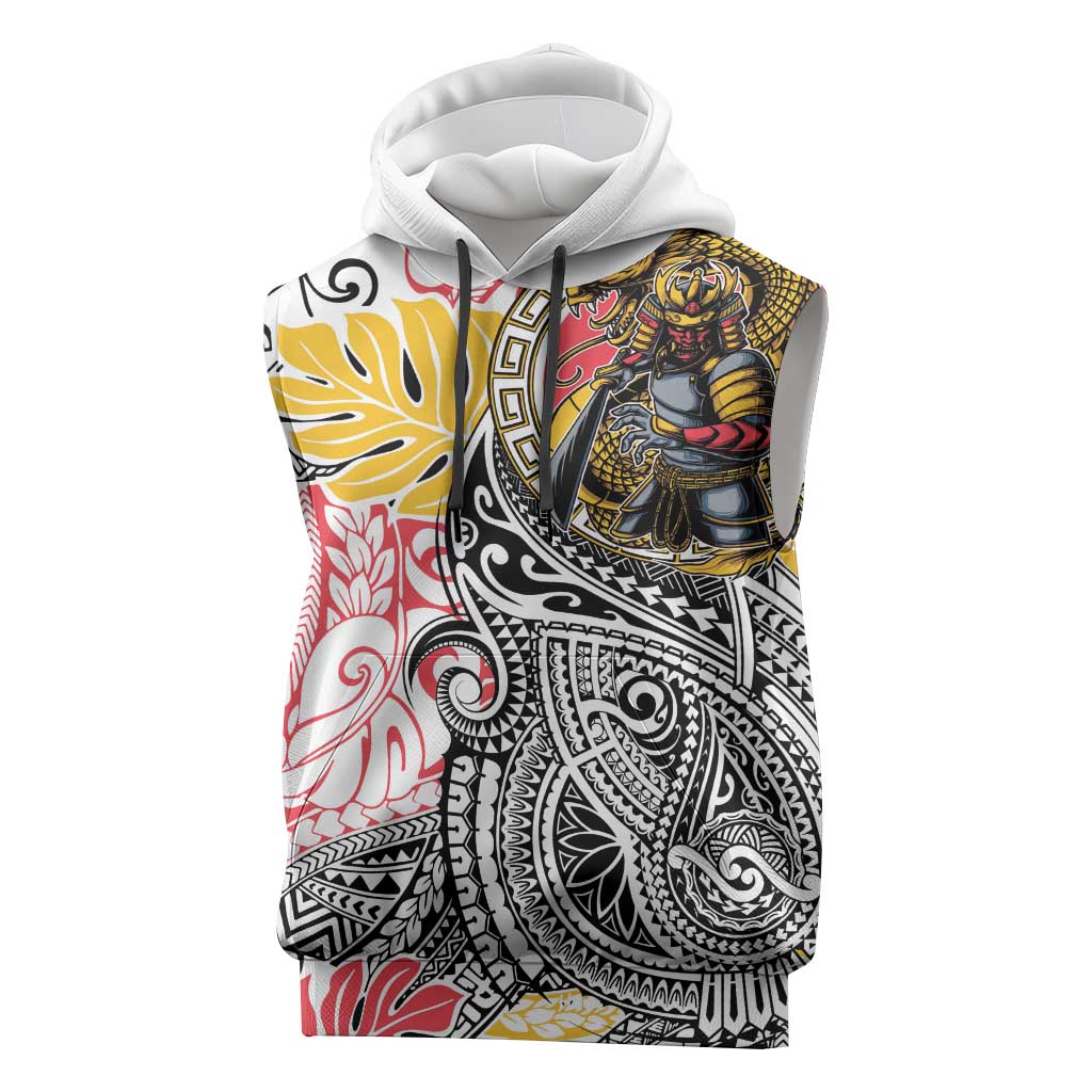 Japanese Samurai Warrior Sleeveless Hoodie Colorful Polynesian Tattoo Style - Polynesian Pride